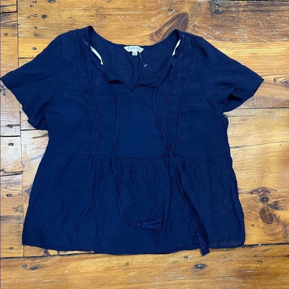 Nanette Lepore Navy Short Sleeve Baby Doll Blouse with Tassel Accents Size Large